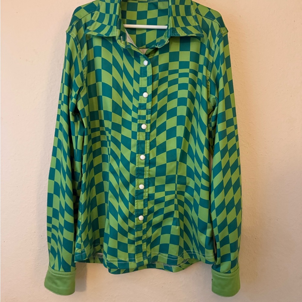 Stylish Girls Green and Blue Checkered Button Down Shirt